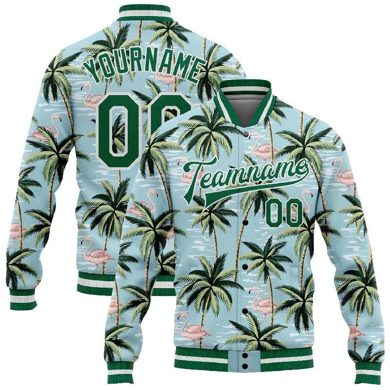 Warm Quilted Jacket for Cozy Winter Days-Custom Lakes Blue Kelly Green-White Flamingo And Tropical Hawaii Palm Tree 3D Bomber Full-Snap Varsity Letterman Jacket