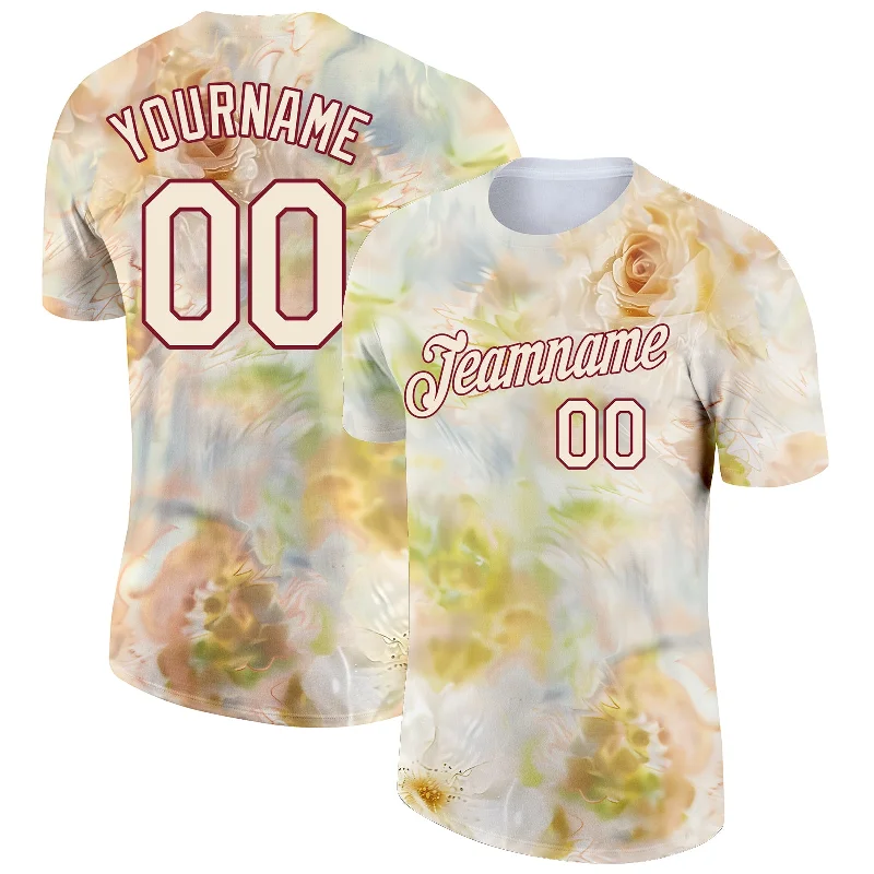 Stylish Tie-Dye T-Shirt for Creative Looks-Custom Cream Crimson 3D Pattern Design Flowers Performance T-Shirt