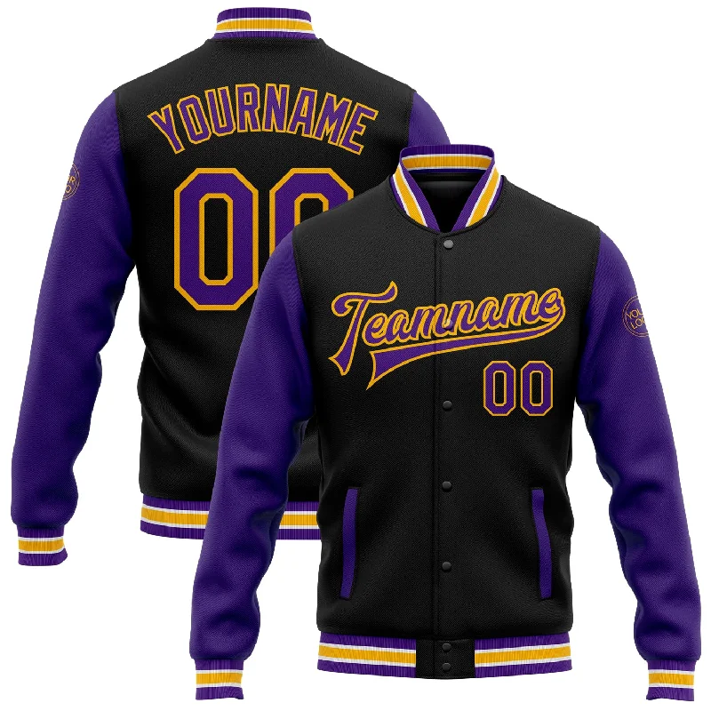 Comfortable Fitted Jacket for Everyday Wear-Custom Black Purple-Gold Bomber Full-Snap Varsity Letterman Two Tone Jacket