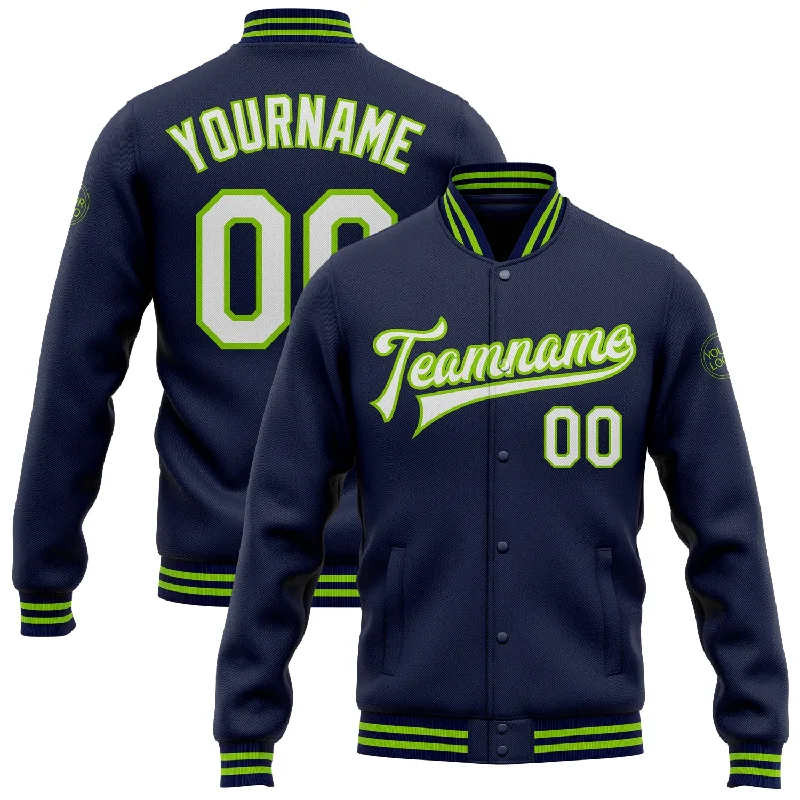 Lightweight Outdoor Jacket for Hiking Adventures-Custom Navy White-Neon Green Bomber Full-Snap Varsity Letterman Jacket