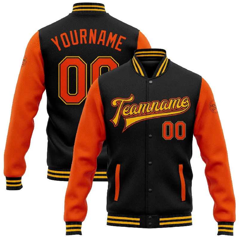 Warm Faux Leather Jacket for Fall and Winter-Custom Black Orange-Gold Bomber Full-Snap Varsity Letterman Two Tone Jacket