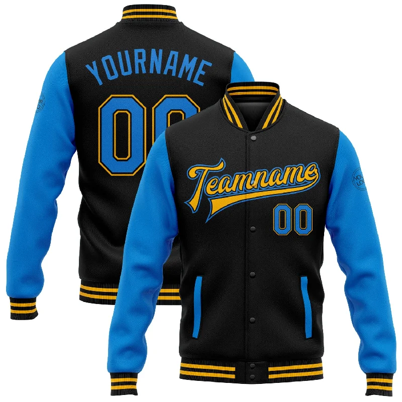 Casual Quilted Jacket for Fall Fashion Looks-Custom Black Powder Blue-Gold Bomber Full-Snap Varsity Letterman Two Tone Jacket