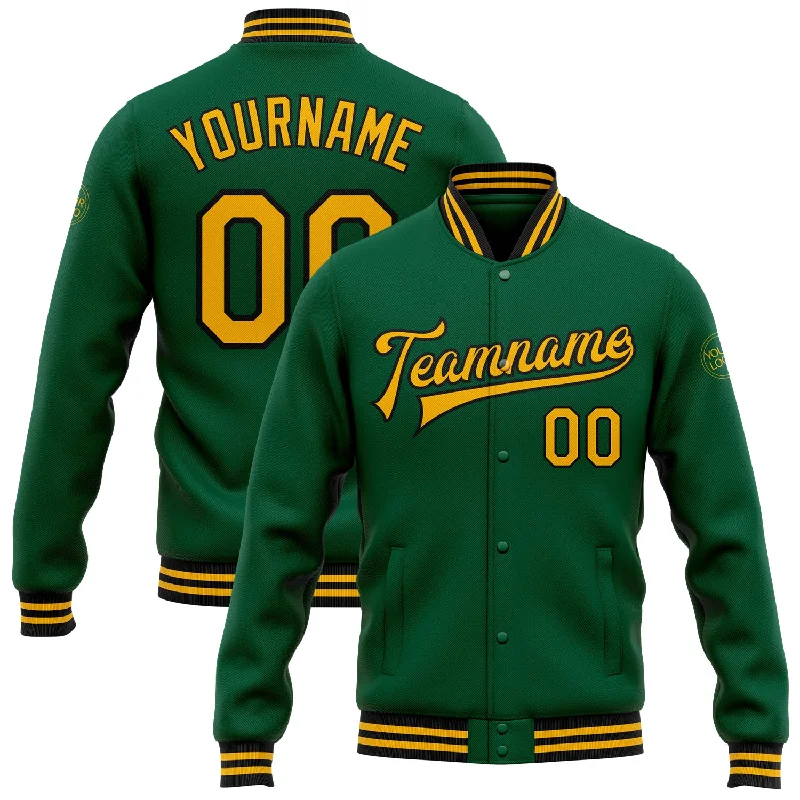 Classic Double-Breasted Trench Coat Jacket-Custom Kelly Green Gold-Black Bomber Full-Snap Varsity Letterman Jacket