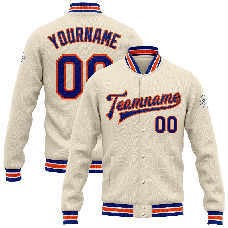 Windproof Sports Jacket for Running-Custom Cream Royal-Orange Bomber Full-Snap Varsity Letterman Jacket