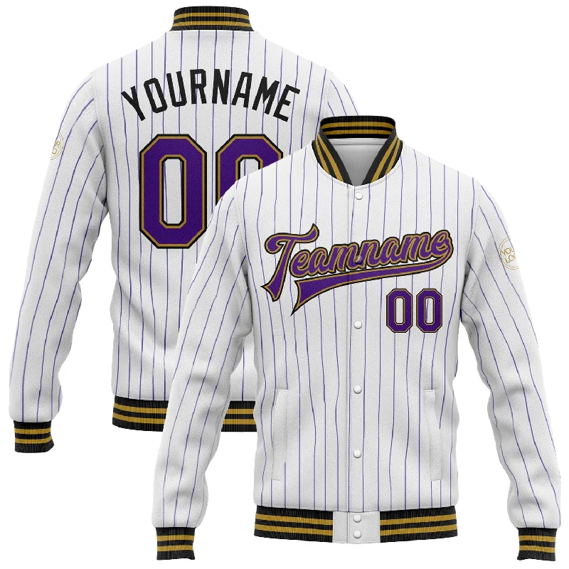 Lightweight Soft Shell Jacket for Hiking-Custom White Purple Pinstripe Old Gold-Black Bomber Full-Snap Varsity Letterman Jacket