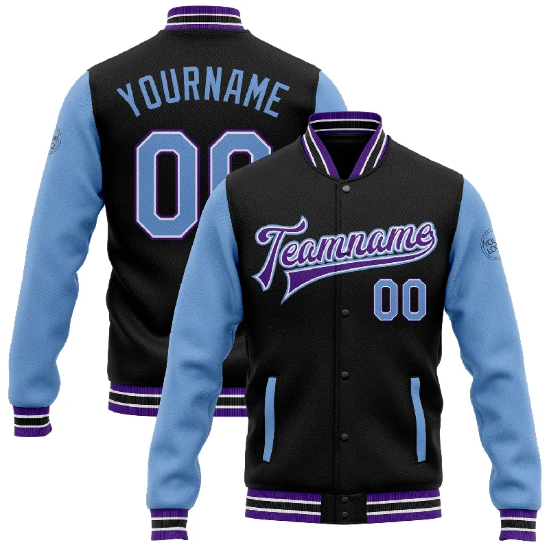 Waterproof Jacket for Outdoor Exploration-Custom Black Light Blue-Purple Bomber Full-Snap Varsity Letterman Two Tone Jacket