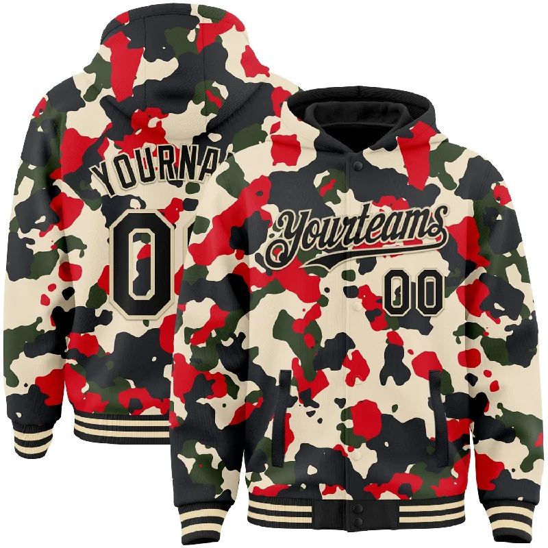 Soft Hoodie with Zip and Drawstring-Custom Camo Black-Cream 3D Bomber Full-Snap Varsity Letterman Salute To Service Hoodie Jacket