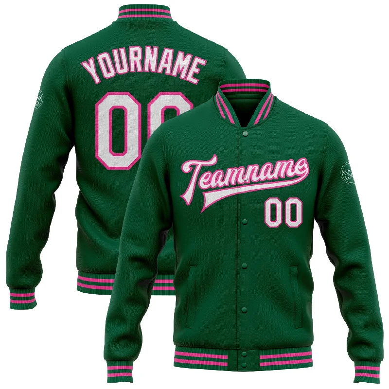 Warm Waterproof Jacket for Stormy Conditions-Custom Kelly Green White-Pink Bomber Full-Snap Varsity Letterman Jacket