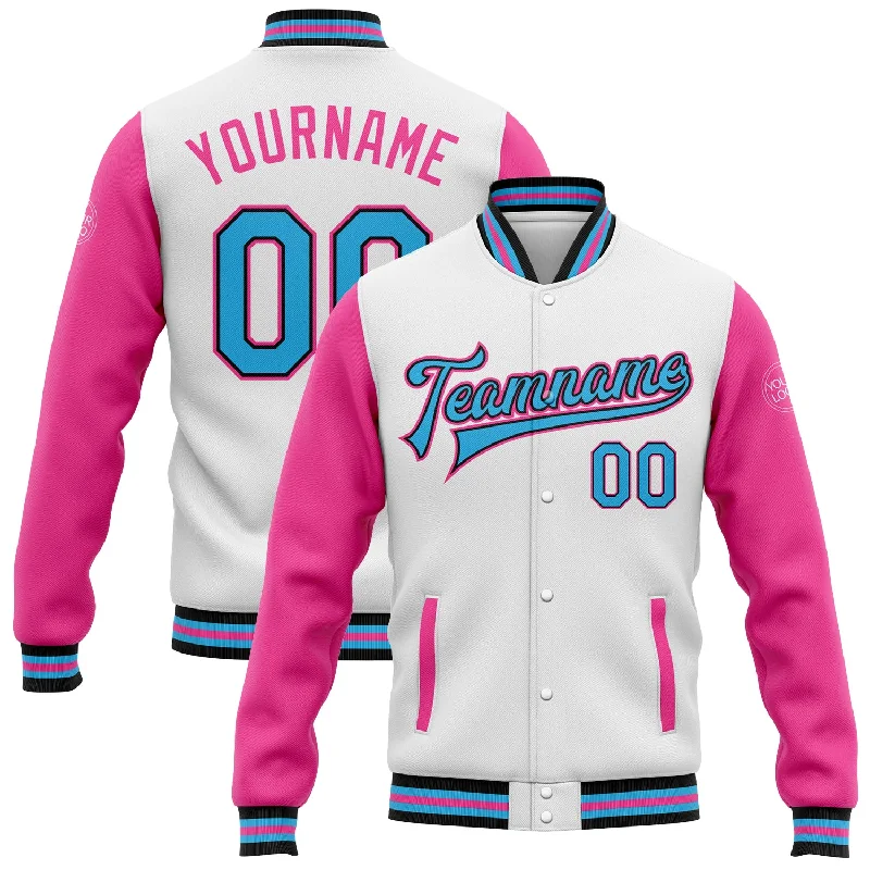 Lightweight Stretch Jacket for Outdoor Activities-Custom White Sky Blue Black-Pink Bomber Full-Snap Varsity Letterman Two Tone Jacket