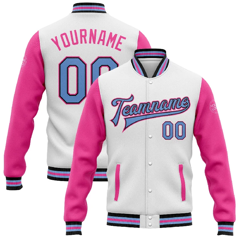 Sporty Active Jacket for Fitness Enthusiasts-Custom White Light Blue Black-Pink Bomber Full-Snap Varsity Letterman Two Tone Jacket