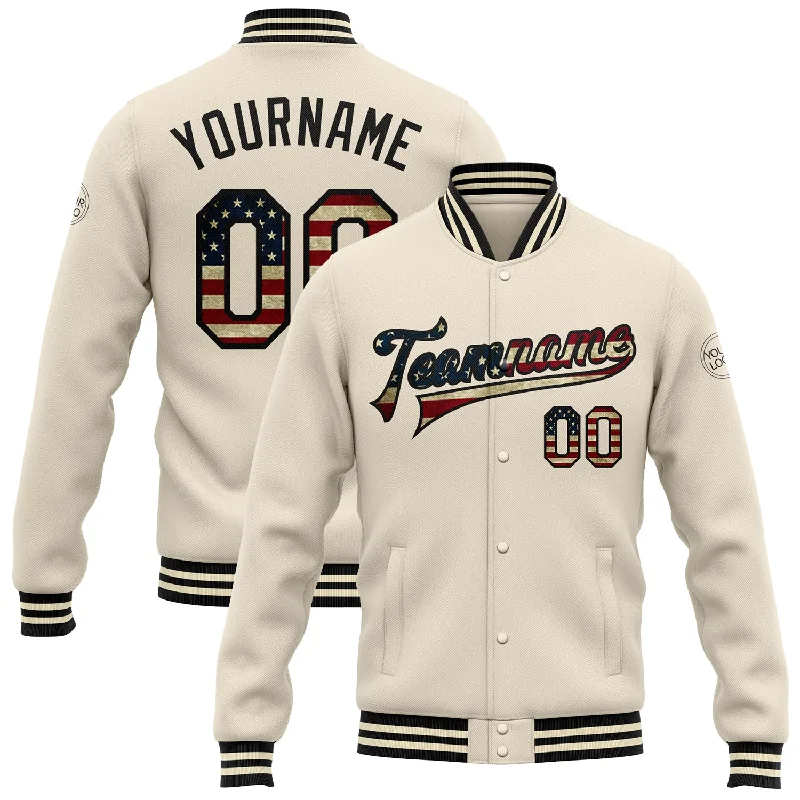 Warm Cashmere Coat Jacket for Luxurious Comfort-Custom Cream Vintage USA Flag-Black Bomber Full-Snap Varsity Letterman Jacket