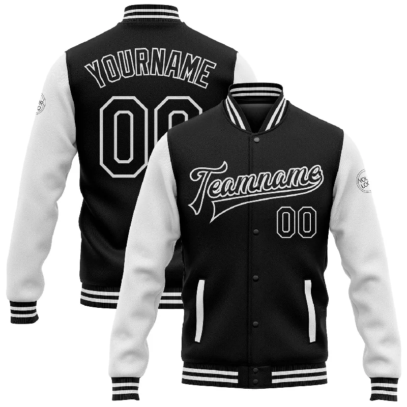 Windproof Sports Jacket for Running-Custom Black White Bomber Full-Snap Varsity Letterman Two Tone Jacket