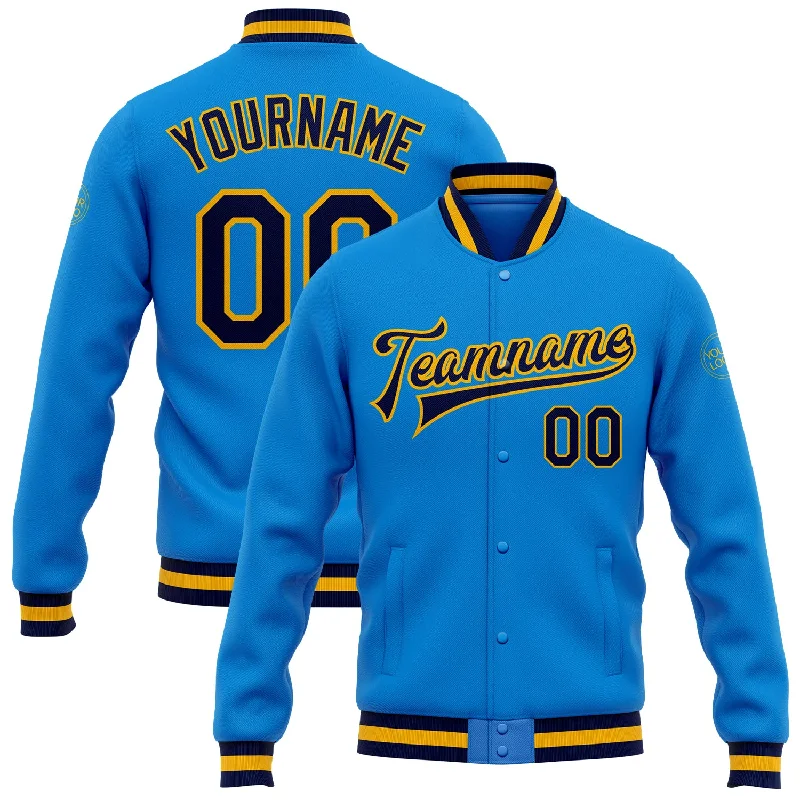 Trendy Shacket Jacket for Fashion Layering-Custom Powder Blue Navy-Gold Bomber Full-Snap Varsity Letterman Jacket