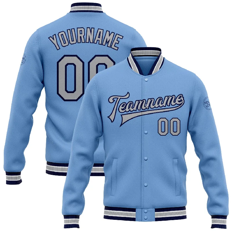 Warm Waterproof Jacket for Stormy Conditions-Custom Light Blue Gray-Navy Bomber Full-Snap Varsity Letterman Jacket