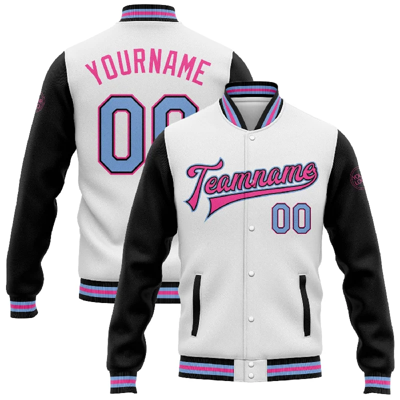 Reversible Jacket for Versatile Outfits-Custom White Light Blue-Pink Bomber Full-Snap Varsity Letterman Two Tone Jacket