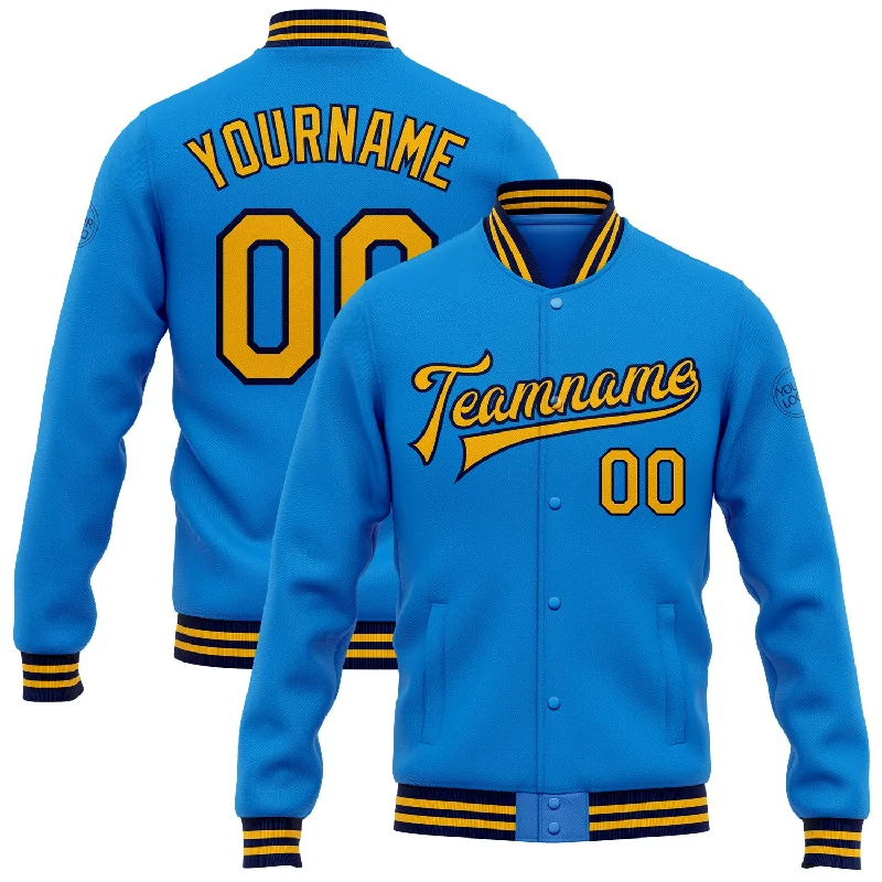 Windproof Sports Jacket for Running-Custom Powder Blue Gold-Navy Bomber Full-Snap Varsity Letterman Jacket