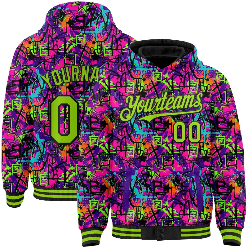 Cozy Pullover Hoodie for Relaxed Style-Custom Graffiti Pattern Neon Green-Black Splash 3D Bomber Full-Snap Varsity Letterman Hoodie Jacket