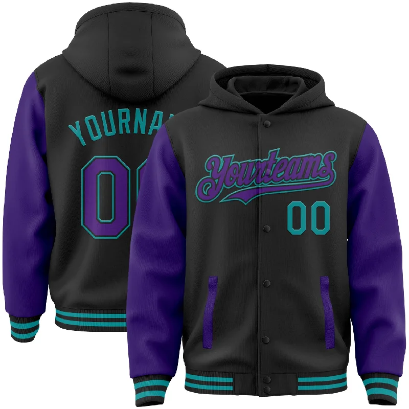 Classic Hoodie with a Simple Design-Custom Black Purple-Teal Bomber Full-Snap Varsity Letterman Two Tone Hoodie Jacket