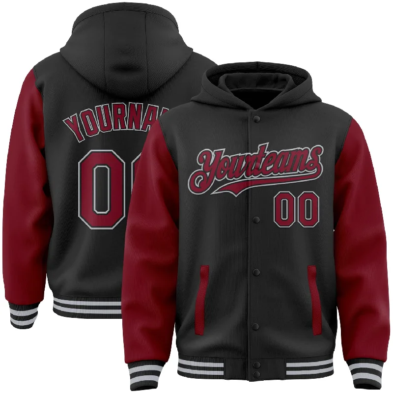 Premium Cotton Hoodie for Superior Comfort-Custom Black Crimson-Gray Bomber Full-Snap Varsity Letterman Two Tone Hoodie Jacket