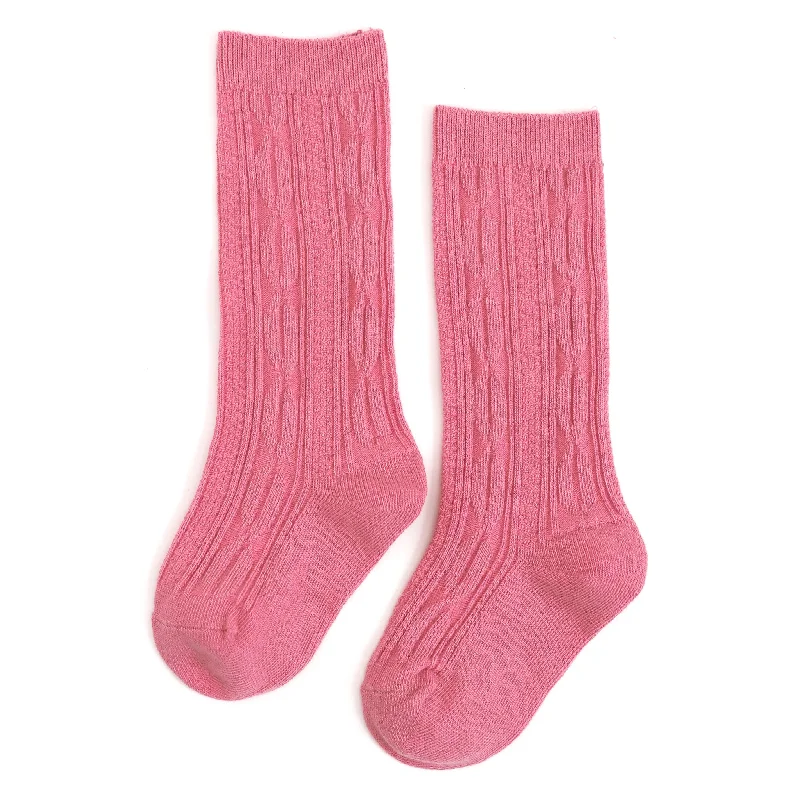 Casual Wool Socks for Relaxed Days-Pink Pearl Cable Knit Knee High Socks