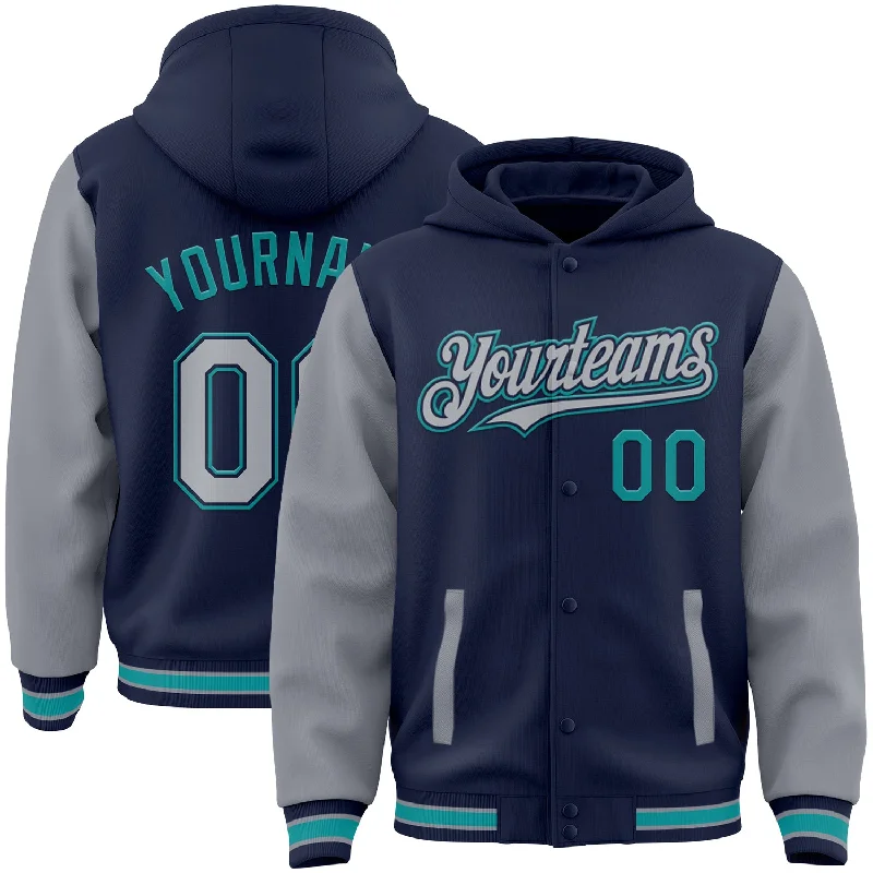 Soft Cotton Hoodie for Everyday Wear-Custom Navy Gray-Teal Bomber Full-Snap Varsity Letterman Two Tone Hoodie Jacket