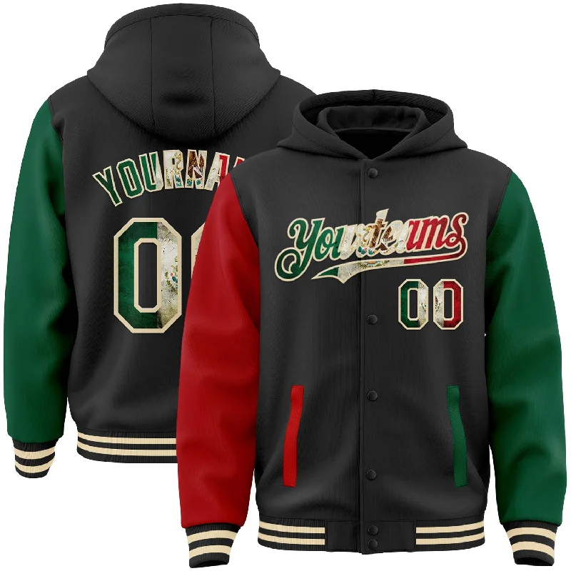 Trendy Pullover Hoodie for Effortless Style-Custom Black Vintage Mexican Flag Kelly Green Red-Cream Bomber Full-Snap Varsity Letterman Two Tone Hoodie Jacket