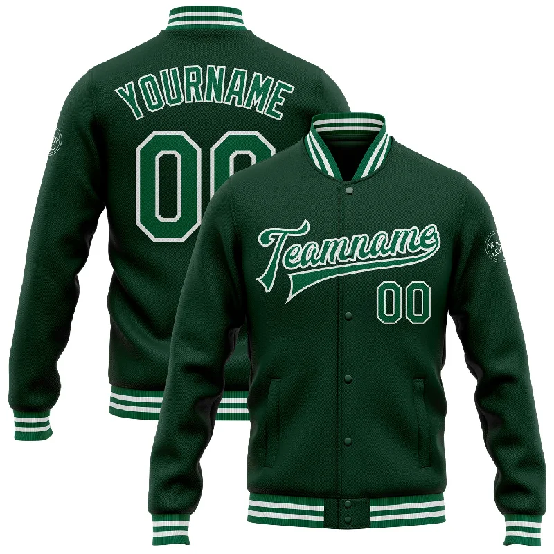 Sleek Performance Jacket for Active Lifestyles-Custom Green Kelly Green-White Bomber Full-Snap Varsity Letterman Jacket