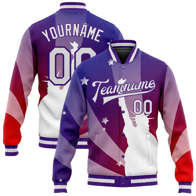 Stylish Faux Fur Jacket for Cold Weather Fashion-Custom Purple White-Red Statue of Liberty 3D Pattern Design Bomber Full-Snap Varsity Letterman Jacket