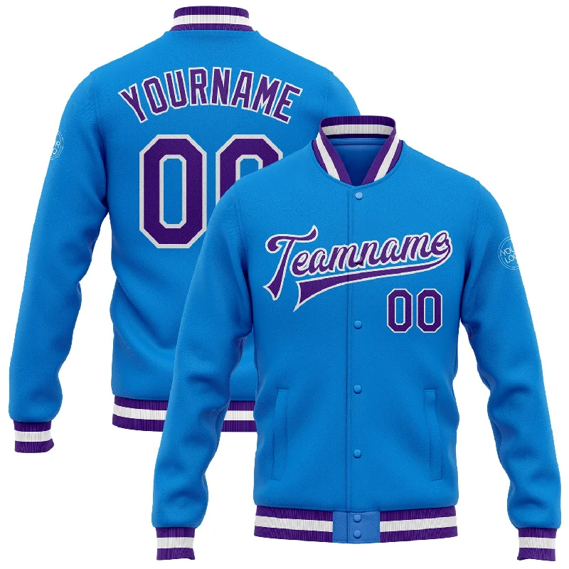 Minimalist Leather Jacket for Simple Chic-Custom Powder Blue Purple-White Bomber Full-Snap Varsity Letterman Jacket