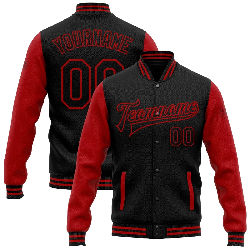 Stylish Quilted Coat Jacket for Fall Fashion-Custom Black Red Bomber Full-Snap Varsity Letterman Two Tone Jacket