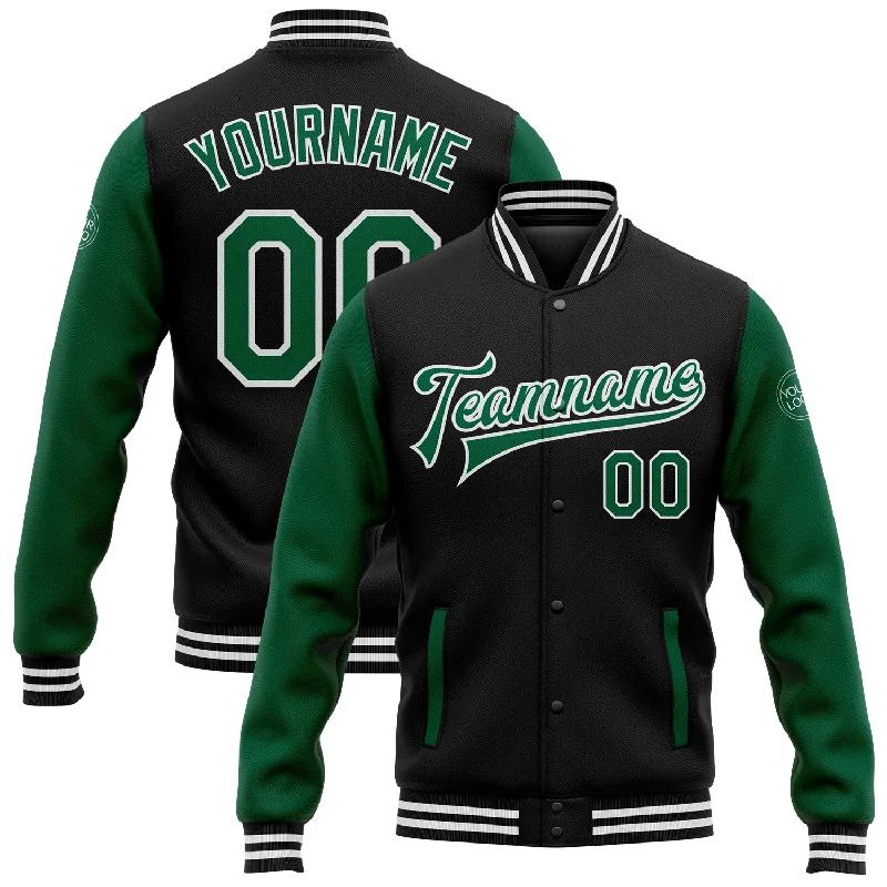 Functional Waterproof Jacket for Outdoor Activities-Custom Black Kelly Green-White Bomber Full-Snap Varsity Letterman Two Tone Jacket