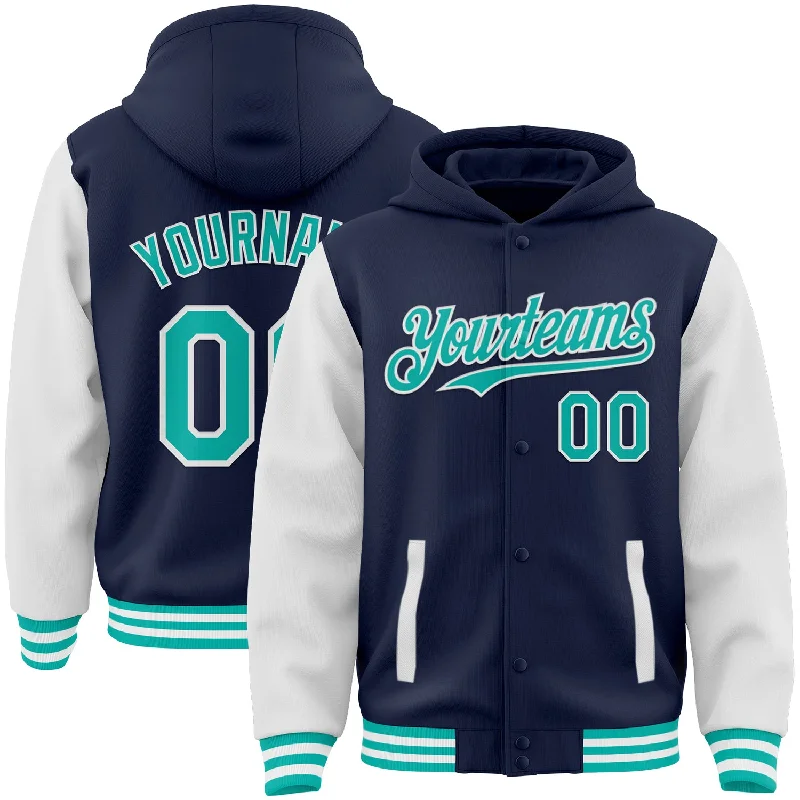 Soft Hoodie for All-Day Comfort-Custom Navy Aqua-White Bomber Full-Snap Varsity Letterman Two Tone Hoodie Jacket