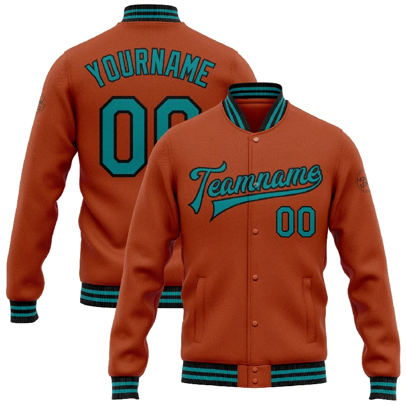 Chic Blazer Jacket for Business and Casual Looks-Custom Texas Orange Teal-Black Bomber Full-Snap Varsity Letterman Jacket