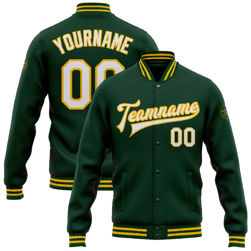 Warm Quilted Jacket for Cozy Winter Days-Custom Green White-Gold Bomber Full-Snap Varsity Letterman Jacket