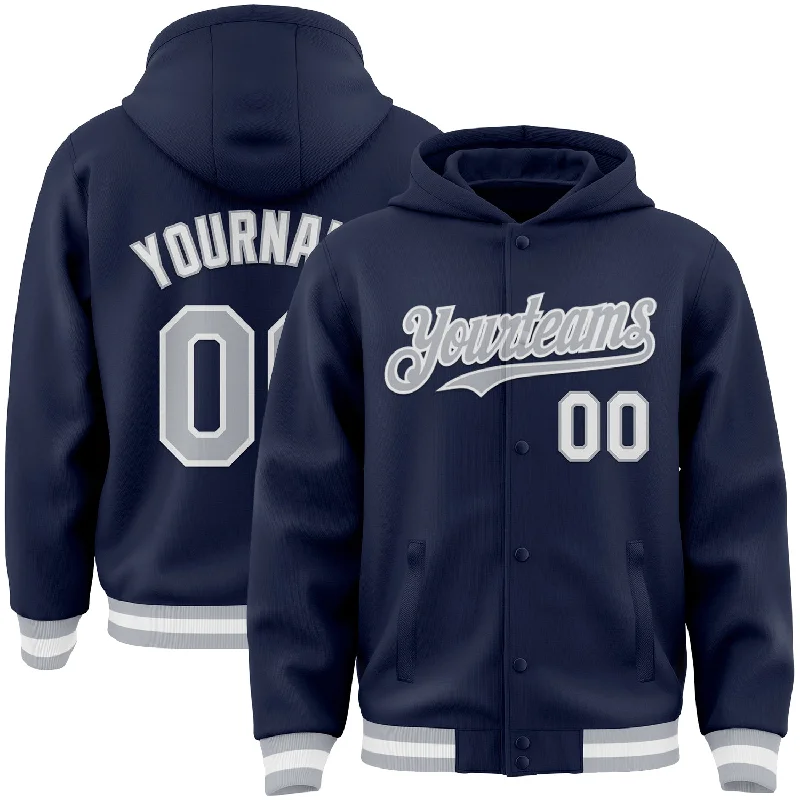 Sporty Hoodie for Outdoor Adventures-Custom Navy Gray-White Bomber Full-Snap Varsity Letterman Hoodie Jacket