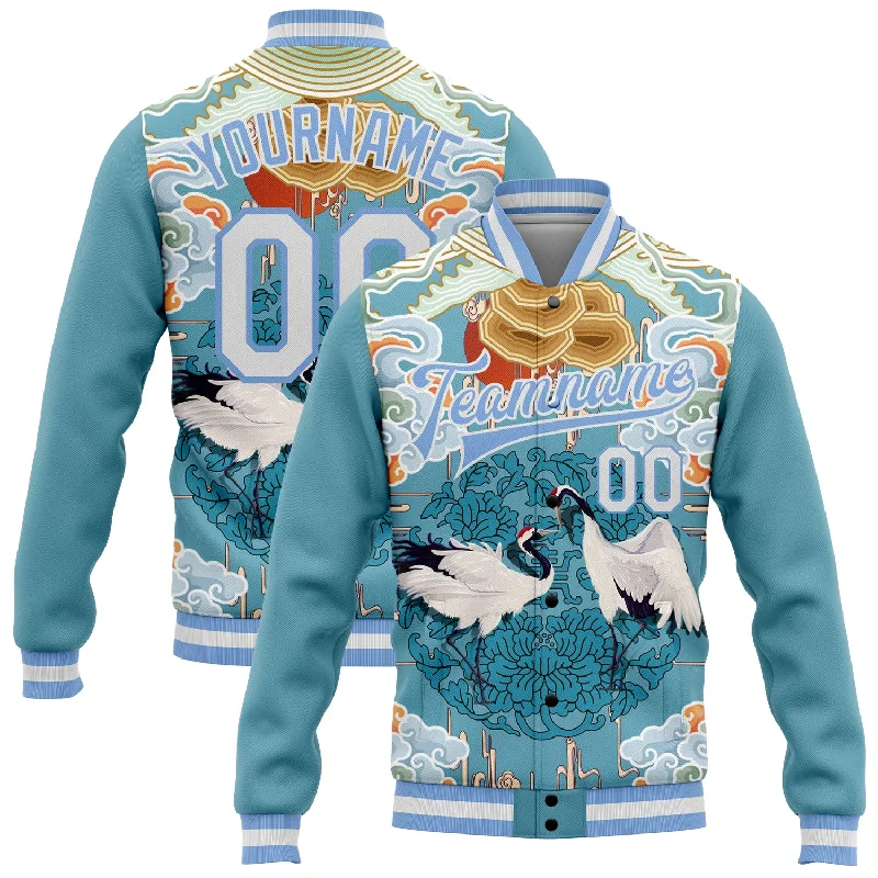 Trendy Wool Blend Jacket for Cold Weather-Custom Light Blue White Heron And Cloud 3D Pattern Design Bomber Full-Snap Varsity Letterman Jacket