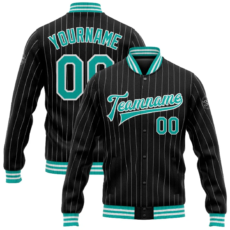 Sporty Active Jacket for Fitness Enthusiasts-Custom Black White Pinstripe Aqua Bomber Full-Snap Varsity Letterman Jacket