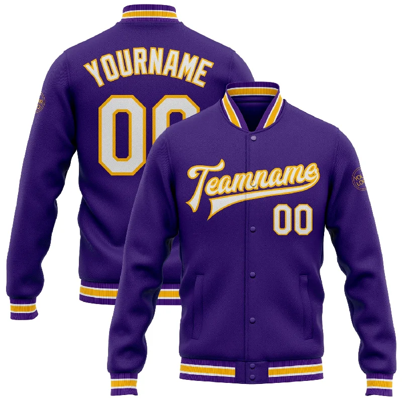 Classic Suede Jacket for Stylish Warmth-Custom Purple White-Gold Bomber Full-Snap Varsity Letterman Jacket