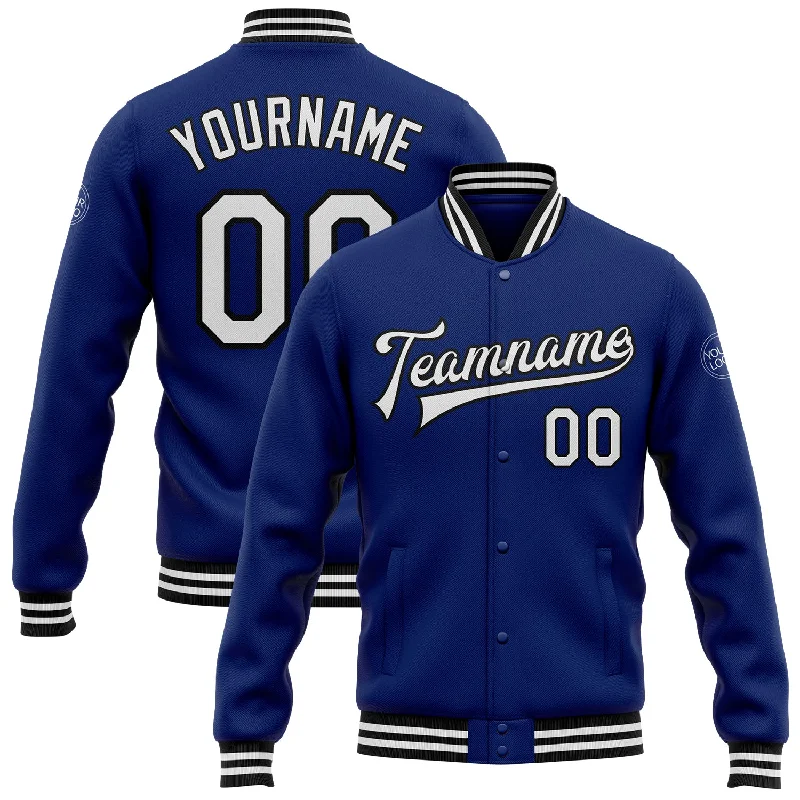 Modern Bomber Jacket for Effortless Cool-Custom Royal White-Black Bomber Full-Snap Varsity Letterman Jacket