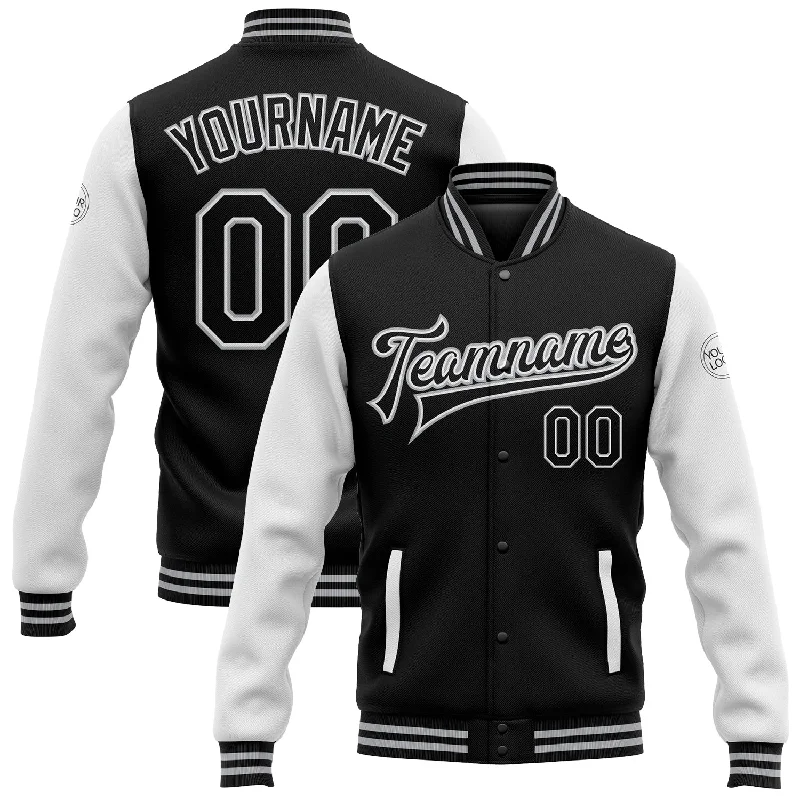 Reversible Jacket for Versatile Outfits-Custom Black White-Gray Bomber Full-Snap Varsity Letterman Two Tone Jacket