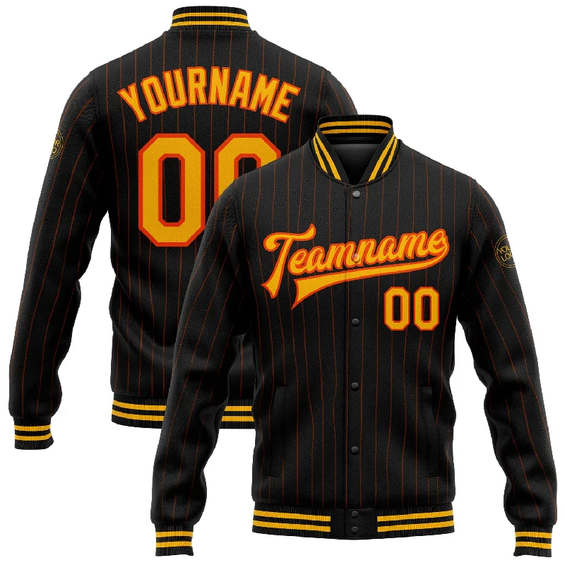 Classic Suede Jacket for Stylish Warmth-Custom Black Orange Pinstripe Gold Bomber Full-Snap Varsity Letterman Jacket