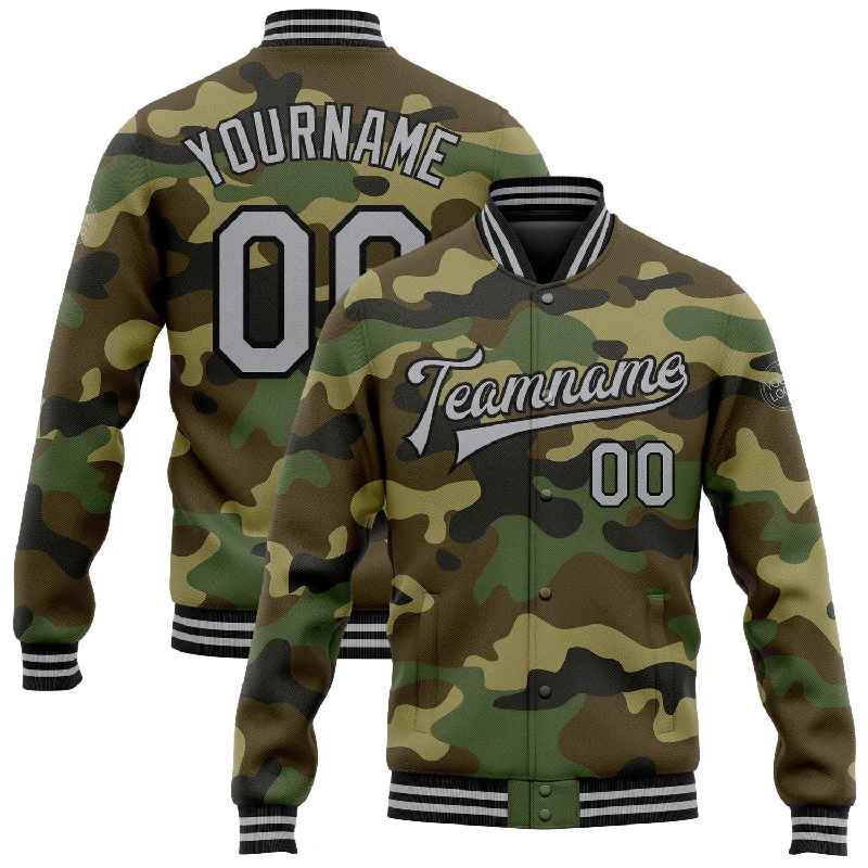 Trendy Shearling Jacket for Cold Winter Days-Custom Camo Gray-Black Bomber Full-Snap Varsity Letterman Salute To Service Jacket