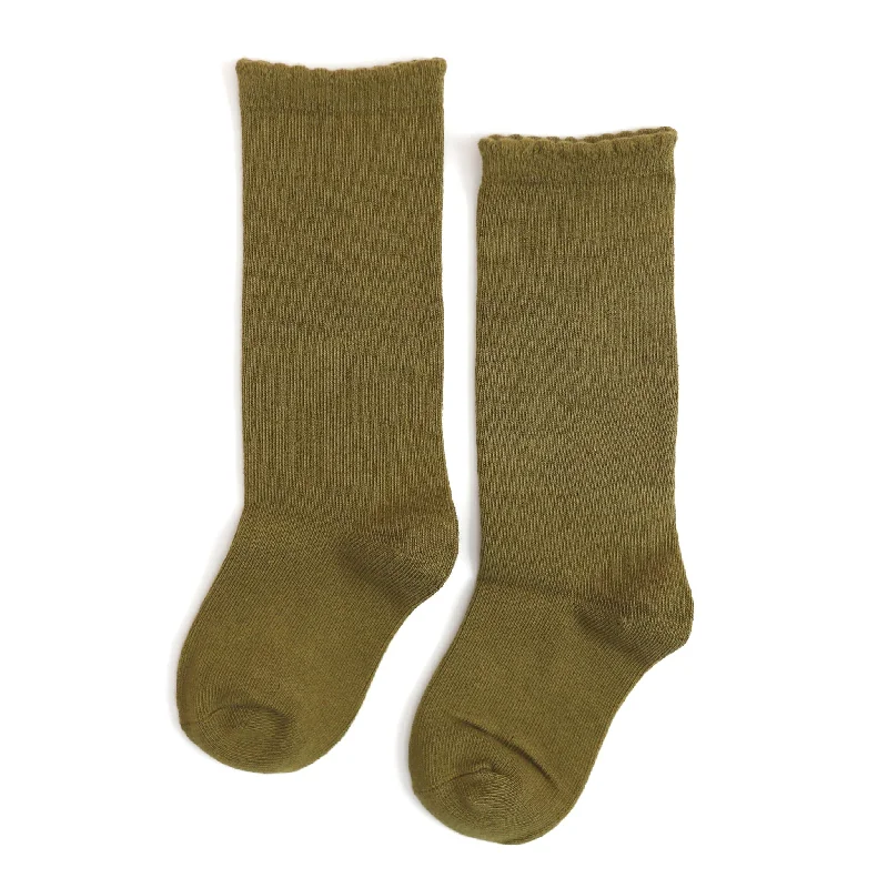 Fun Floral Socks for Stylish Looks-Scalloped Knee High Socks - Olive