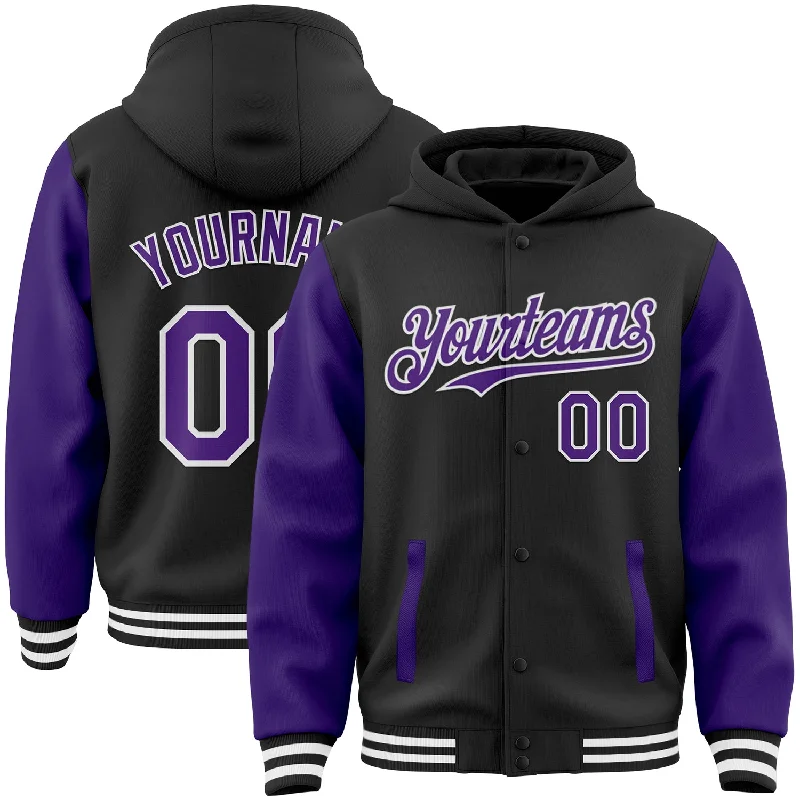 Casual Hoodie with Drawstring for Extra Comfort-Custom Black Purple-White Bomber Full-Snap Varsity Letterman Two Tone Hoodie Jacket