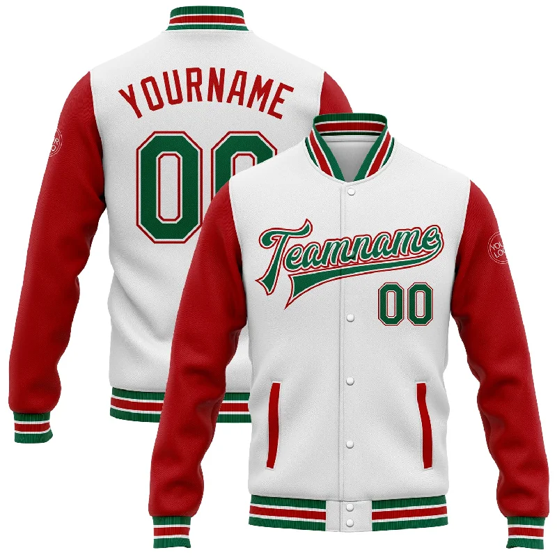 Warm Fleece Jacket for Layering-Custom White Kelly Green-Red Bomber Full-Snap Varsity Letterman Two Tone Jacket