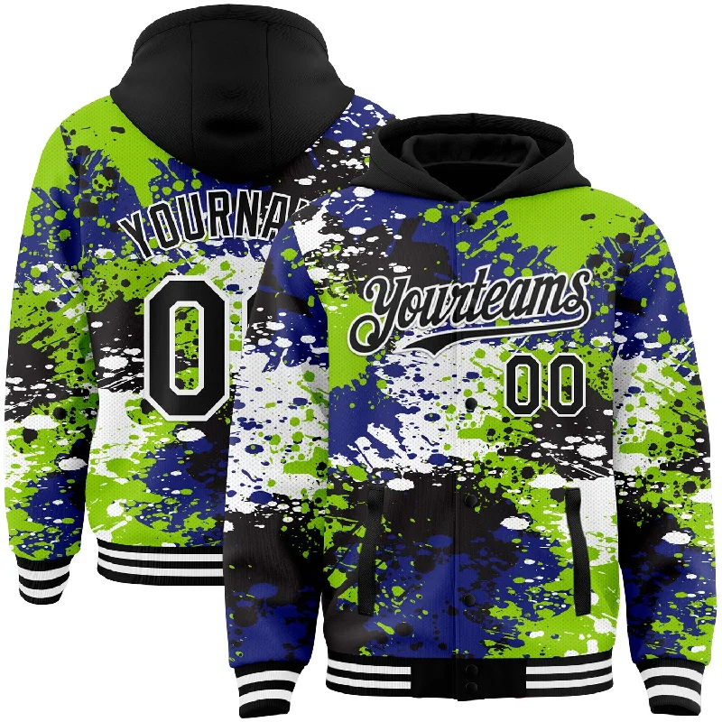 Comfortable Hoodie for Post-Workout Relaxation-Custom Black Neon Green-Royal Abstract Splash Grunge Art 3D Pattern Design Bomber Full-Snap Varsity Letterman Hoodie Jacket