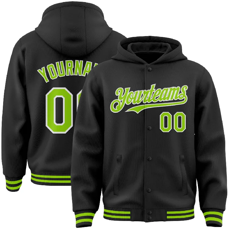 Comfortable Hoodie with Soft Touch Fabric-Custom Black Neon Green-White Bomber Full-Snap Varsity Letterman Hoodie Jacket