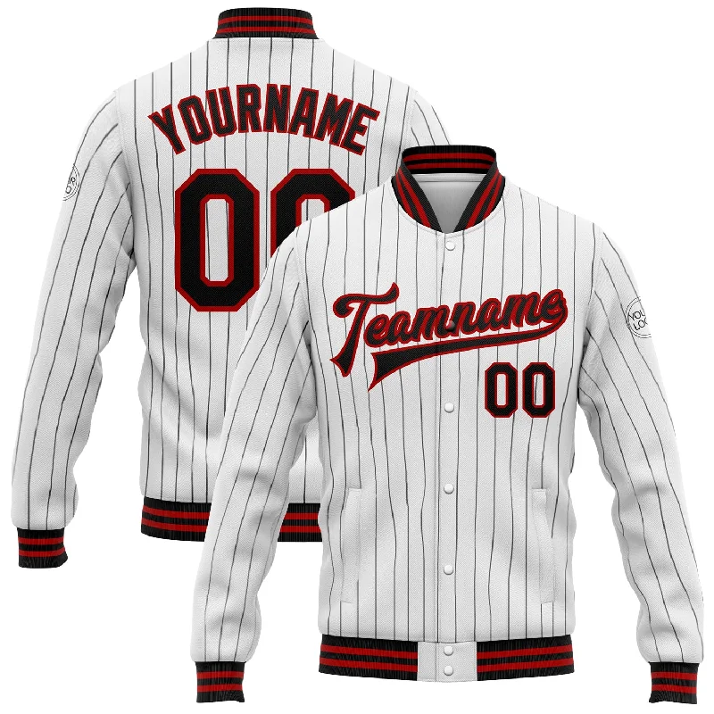 Sporty Track Jacket for Active Living-Custom White Black Pinstripe Red Bomber Full-Snap Varsity Letterman Jacket