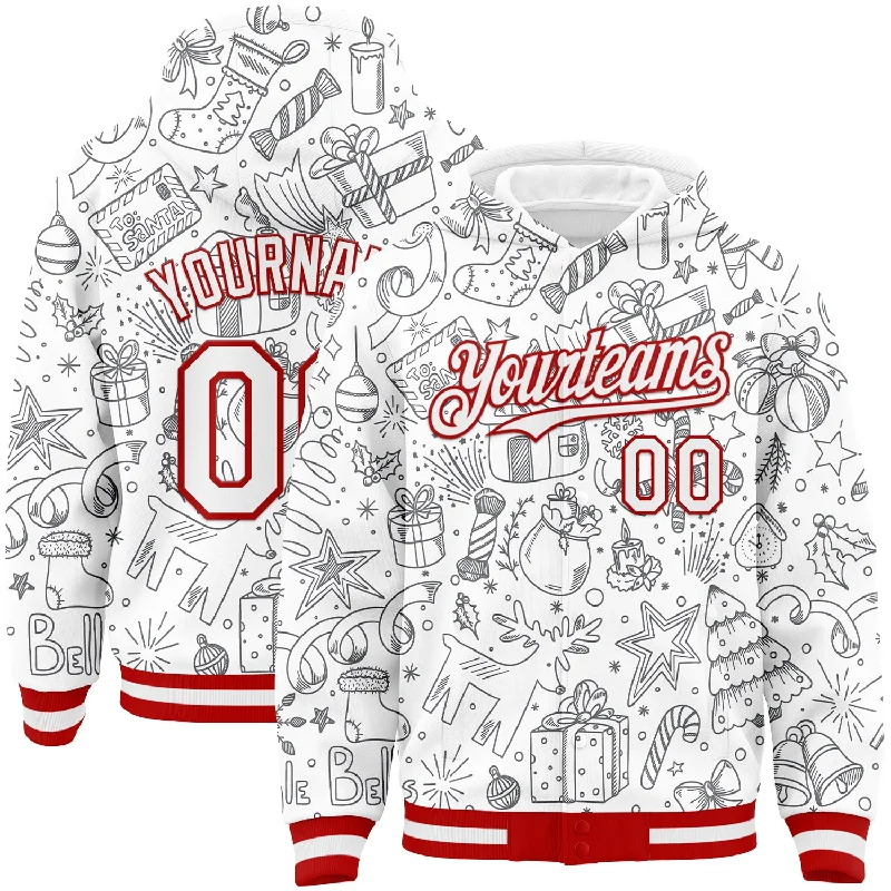 Trendy Hoodie for Fashionable Outfits-Custom White Red Christmas 3D Bomber Full-Snap Varsity Letterman Hoodie Jacket