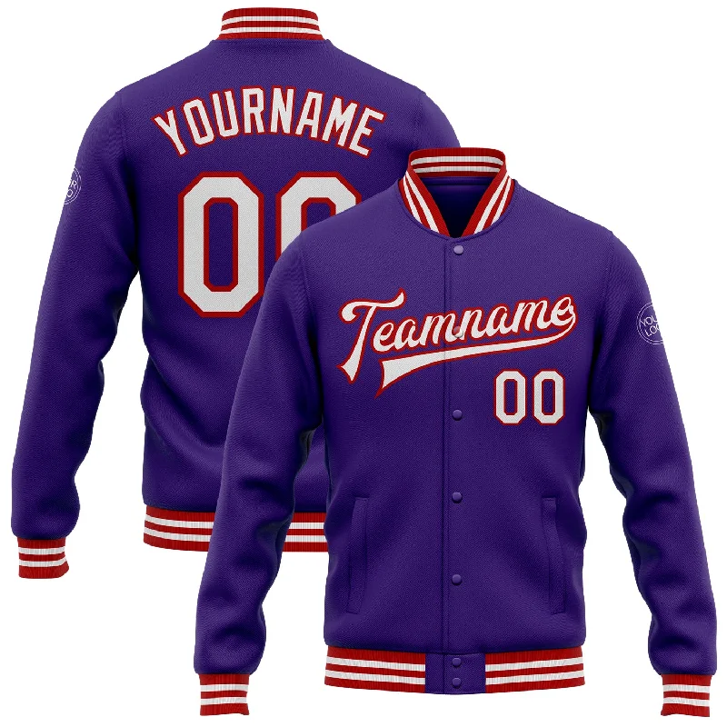 Comfortable Fitted Jacket for Everyday Wear-Custom Purple White-Red Bomber Full-Snap Varsity Letterman Jacket